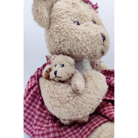 Vintage Mama & Baby Plush Boyds 18" Bear Teddy Cute Primative Plaid Dress Mom - Picture 8 of 9
